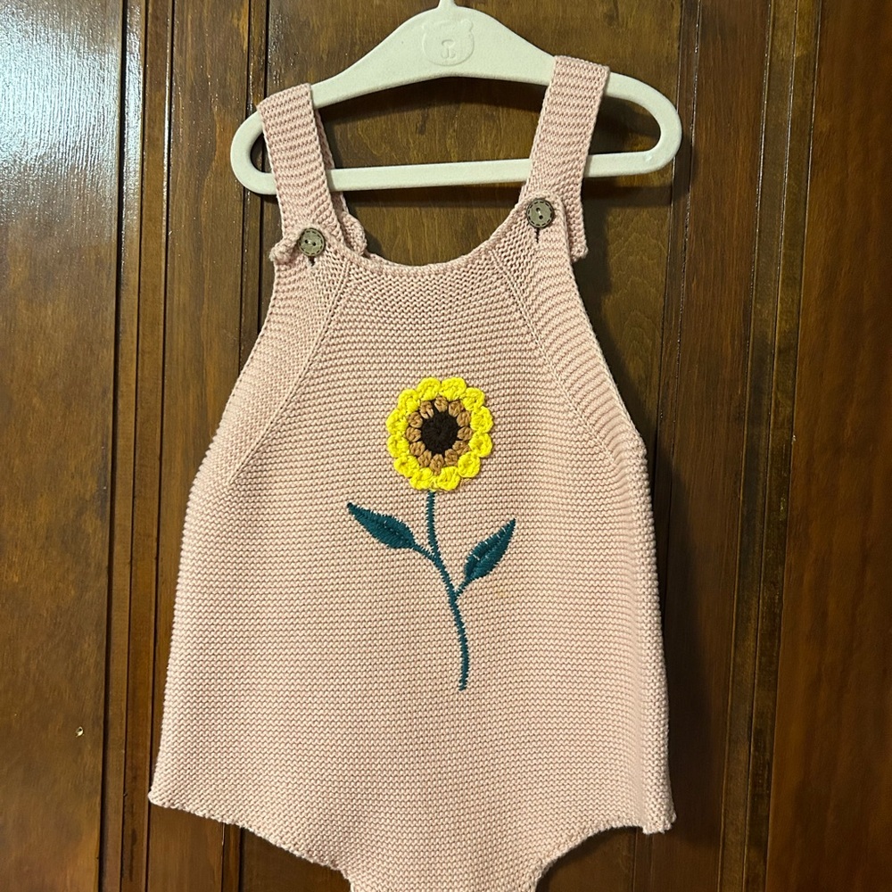 Pink Knit Baby Romper with Sunflower Design
